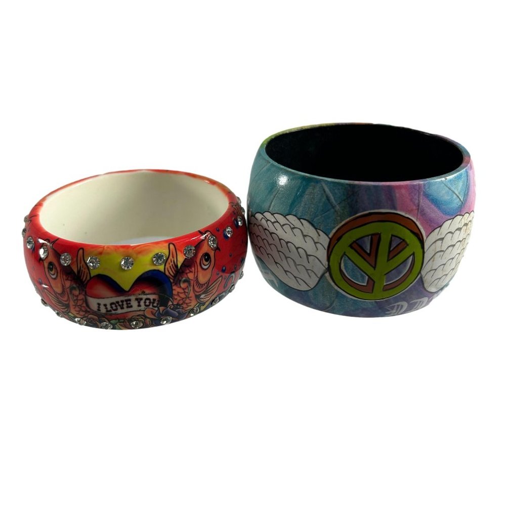 Funky Chunky Wide Bangles Bracelets Multicolor Peace Sign Wings Heart Fish